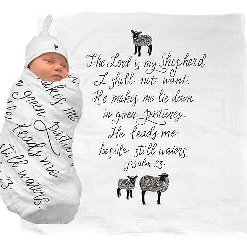 The Lord is My Shepherd (Psalm 23) Muslin Swaddle & Bonus Baby Hat with Scripture Quote - 100% Organic Unbleached Cotton - Swaddle/Blanket - Unique Shower & Baptism Gift