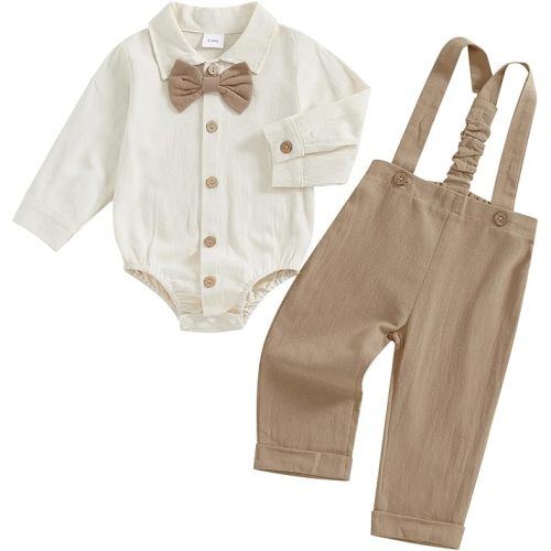 PUHHAPIEY Infant Baby Boys Gentleman Outfits Long Sleeve Bowtie Romper+Suspender Overalls Pants Set Wedding Set Formal