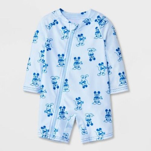 Disney Baby Boys' Mickey Mouse Striped 1pc Rash Guard Swimsuit - Light Blue 9M