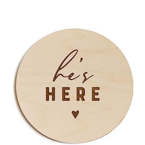 The Cotton & Canvas Co. He's Here Newborn Baby Boy Announcement, Nursery Sign, Cute Nursery Decor, Baby Shower, Modern, Wooden Plaque, Birth Prop, New Mom Gift