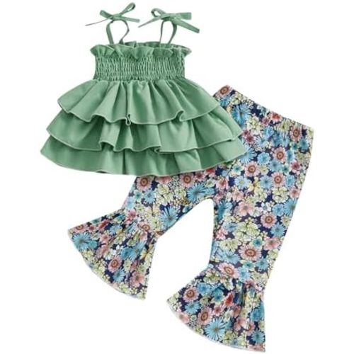 Tempura Baby Toddler Girl Summer Outfits Tie Shoulder Ruffle Layered Cami Tops Flared Pants 2 Pcs Set