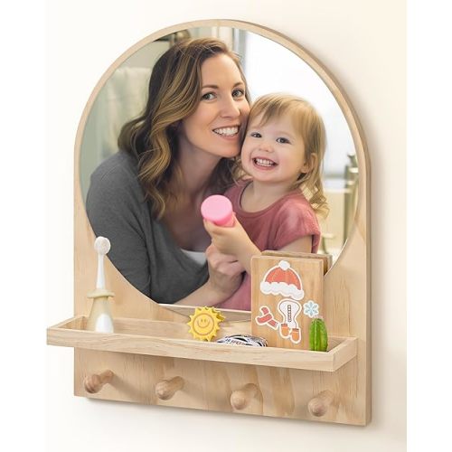 Nursery Mirror, Boho Circle Mirror Wall Mount Natural Wood Shelf Hanging Arch Modern Wall Decor for Nursery Living Room Entryway Hallway Bathroom, 14x18 Inch