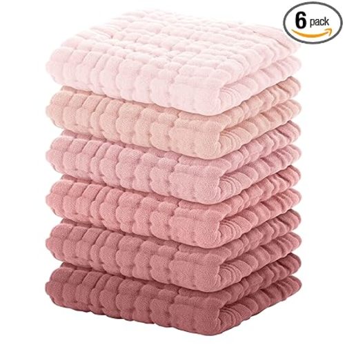 Yoofoss Muslin Baby Washcloths 100% Organic Cotton Face Towels 6 Pack Wash Cloths for Baby 12x12in Soft and Absorbent Baby Wipes (Gradient Pink)