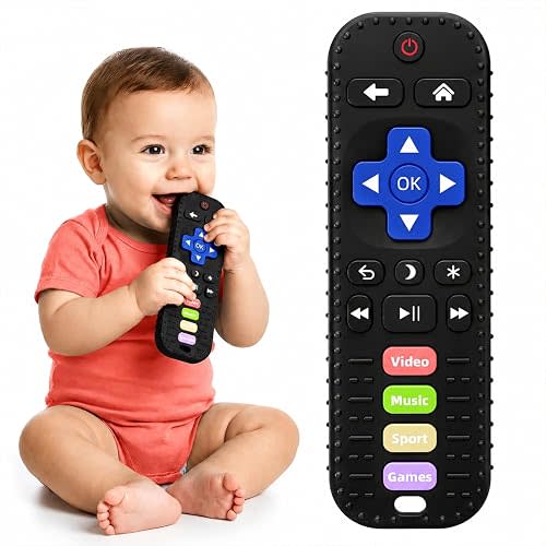 Baby Teething Toys, Remote Control Sensory Teether, Silicone Chew Toy for Teething Relief, BPA-Free Baby Remote Gift for Infants 3-6, 6-12 Months (Black)