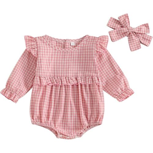 Karuedoo Newborn Baby Girl Clothes Gingham Plaid Bubble Romper Long Sleeve Ruffle Bodysuit with Headband Spring Fall Outfit