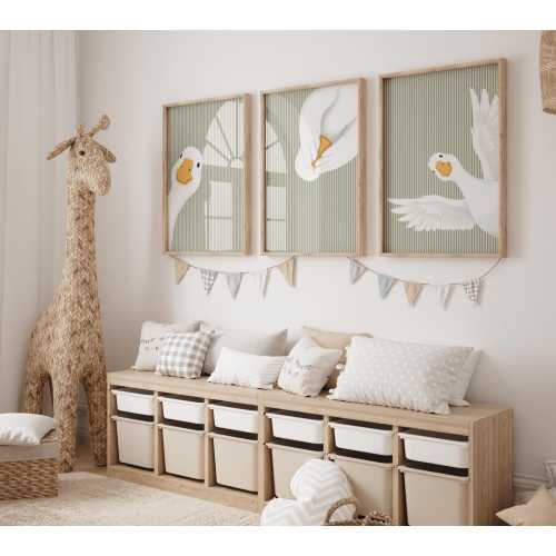 Sage Green Stripes Silly Goose Nursery Wall Art, Peekaboo Kids Room Decor, Peeking Farm Animals,Baby Boy Nursery Wall Decor,Digital Download