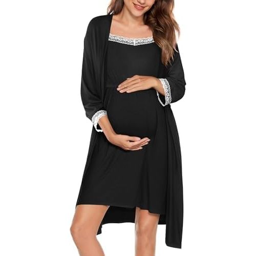 Ekouaer Women Lace Maternity Nursing Gown and 3/4 Sleeve Robe Set Double Layer Breastfeeding Nightgown Slip Dress & Bathrobe