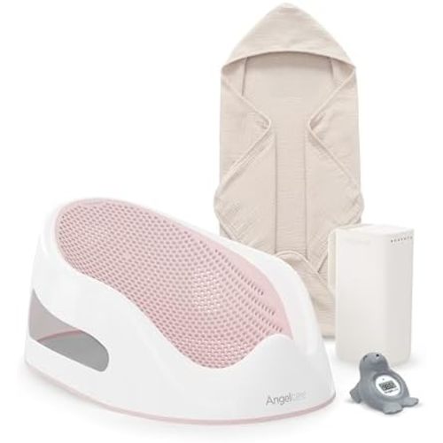Angelcare Baby Bath Support Bundle, Rinser, Thermometer & Towel, Pink
