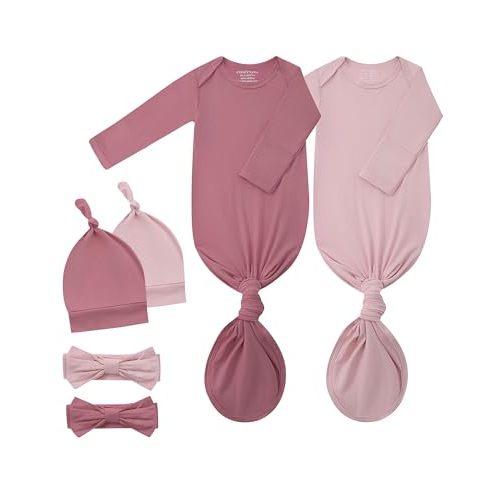 ewborn Knotted Gown 2-Pack, Soft Breathable Baby Sleep Gown with Hat & Headband for Boys Girls