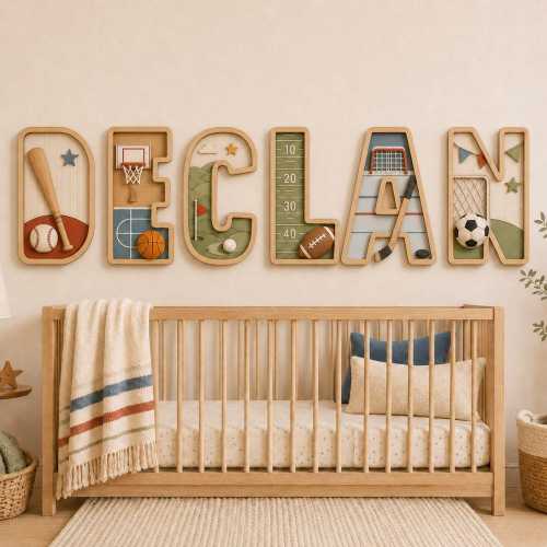 Personalized Sports Name Sign for Boys Room, 3D Letters For Child Room Custom Wooden Nursery Wall Letters,Baseball Basketball Football Decor