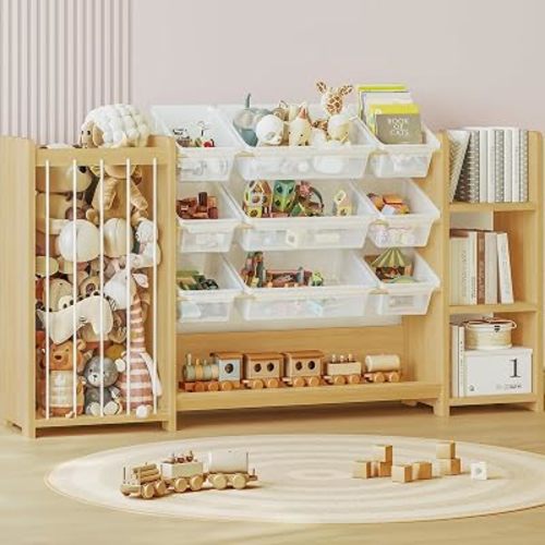 3-in-1 Montessori Toy Organizer with Bookshelf, 9 Clear Bin & Plush Storage