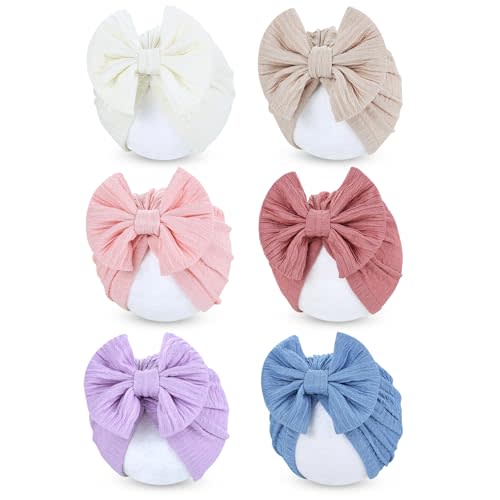 Cinaci 6 Pack Nursery Hospital Caps Bonnets Beanies Headwraps Turban Hats with Bow for Baby Girls Newborns Infants Toddlers