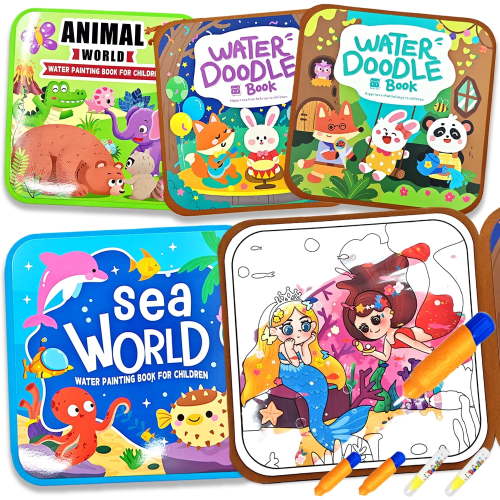 NaTuGi Reusable Water Painting Books for Kidswith 4 Water pens 4 ThemesNo Mess Paint Coloringfor Ages 3+Gift for Boys & GirlsKids Travel Activity Toys (4 Books)