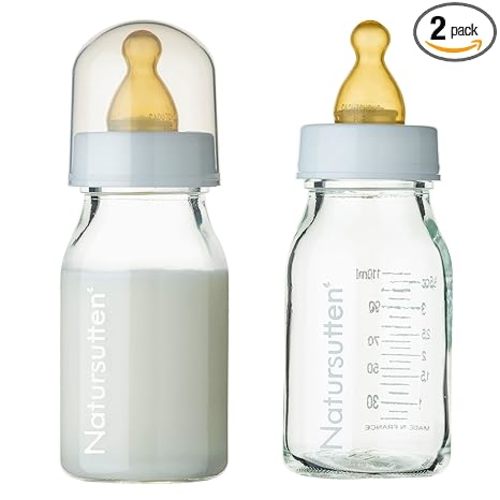 Natursutten Anti-Colic Glass Baby Bottle 2-Pack - 4 Ounce Bottles for Breastfeeding Babies - Newborn Bottles Set: Natural Rubber Slow-Flow Bottle Nipples, Seals, Valves, Baby Bottle Caps