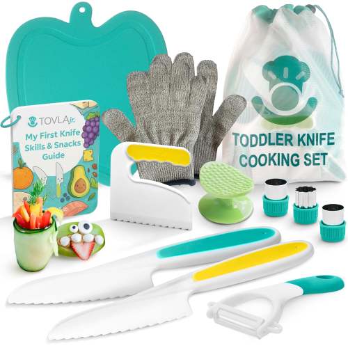 Tovla Jr. Ultimate Montessori Kids Cooking Gift Set – Real Knife, Chopper, Safety Gloves, Peeler, Cutters, Cutting Board & Recipe Cards – Ages 4–10