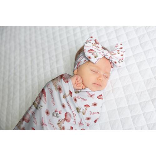 Personalized Baby Swaddle Blanket, Pink Mushroom Butterfly, Cottage Core