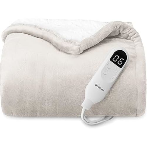 Bedsure Heated Blanket Throw Blanket - Fast Heating Electric Blanket, Soft Flannel Heated Throw with 4 Time Settings, 6 Heating Settings, Warm Gifts for Grandma (50x60 inches, Cream)