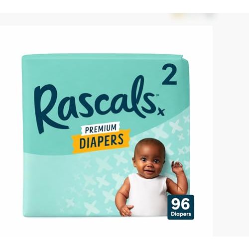 Rascals Premium Disposable Baby Diapers Size 2 (96 Count), Absorbent Core, Up to 12 Hours Leak Protection, Gentle on Skin, Secure Fit, Soft Comfort