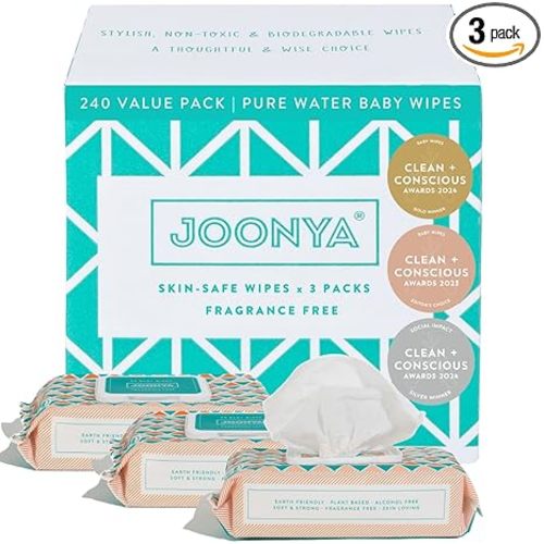 JOONYA Unscented Baby Wipes — Plant-Based, Fragrance-Free Bulk Diaper Wipes | Hypoallergenic, Non-Toxic & Biodegradable Wet Wipes for Sensitive Newborn Skin | 3 Packs of 80 (240 Total)