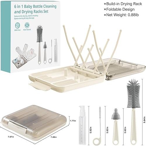 6 in 1 Travel Baby Bottle Cleaner Brush Kit with Storage Box Portable Baby Essentials for Home&Travel