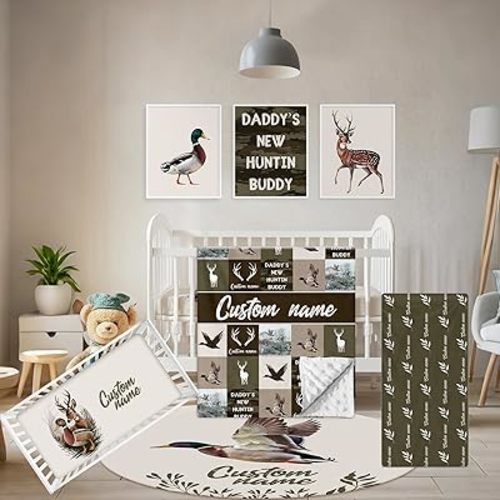 Personalized Crib Bedding Set, 5 Pcs Custom Name Nursery Bedding Set with Double Layer Blanket, Green Woodland Deer Baby Crib Set for Boys Girls, Customized Gifts for Toddlers Infants Babies