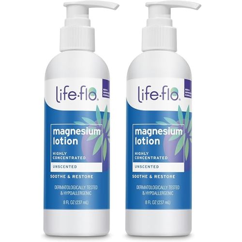 LIFE-FLO Magnesium Lotion - Unscented Body Lotion for Kids and Adults with Highly Concentrated Magnesium Chloride - Soothes Muscles and Joints When Massaged into Skin - Hypoallergenic - 2 8-oz Bottles