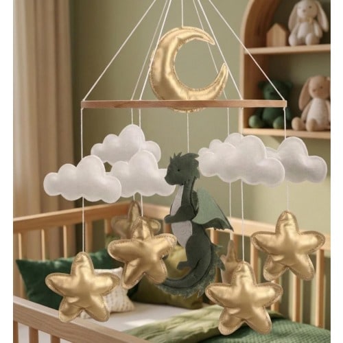 Green Dragon Baby Mobile – Fantasy Nursery Decor with Gold Moon & Stars