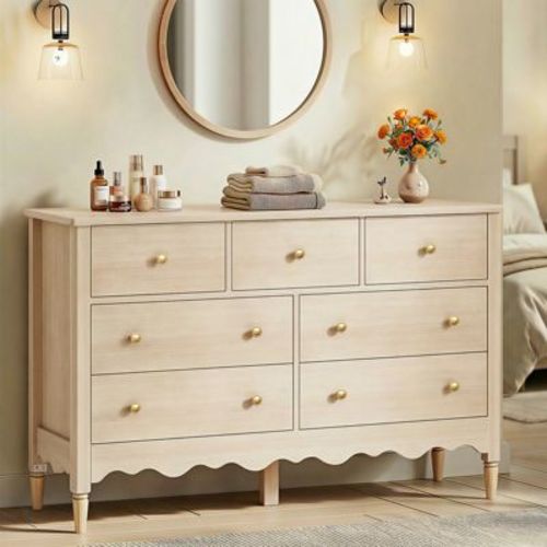 Besiost 47" Closet Storage Cabinet with 7 Drawers, Wooden Dresser with Support Leg, Beige