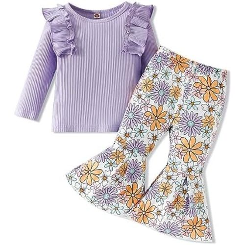 Kislio Toddler Baby Girl Clothes Long Sleeve Ruffle Ribbed Solid Color Tops Flare Pants Bell Bottoms Fall Winter Outfit Set