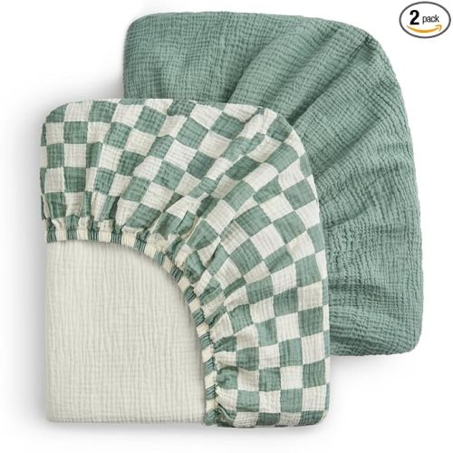 Blissful Diary Muslin Crib Sheets, 2 Pack, Sage Checkboard & Sage Green | fitted for 52''x28'' crib mattress, soft and breathable cotton, boho style, easy care for machine wash, gift for boy and girl