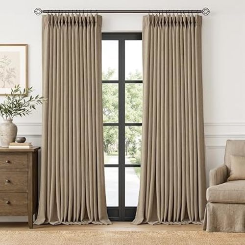 MIULEE Pinch Pleated Blackout Linen Curtains Light Brown 2 Panels 50"Wx84"L