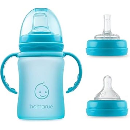 3-in-1 Glass Sippy Cups for Toddlers 1-3 | Silicone Coated Baby Sippy Cup | Non-Toxic Transition Sippy Cup with Removeable Handles | Baby Straw Cup (Teal, 5 oz)