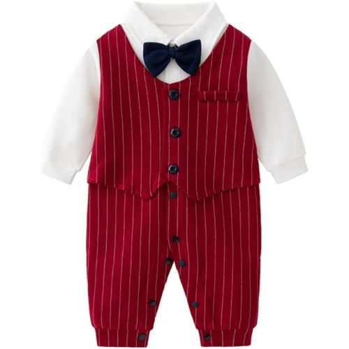 Newborn Baby Boy Gentleman Romper Tuxedo One-Piece Outfit with Bow Tie, 100% Cotton Long Sleeve Formal Wear