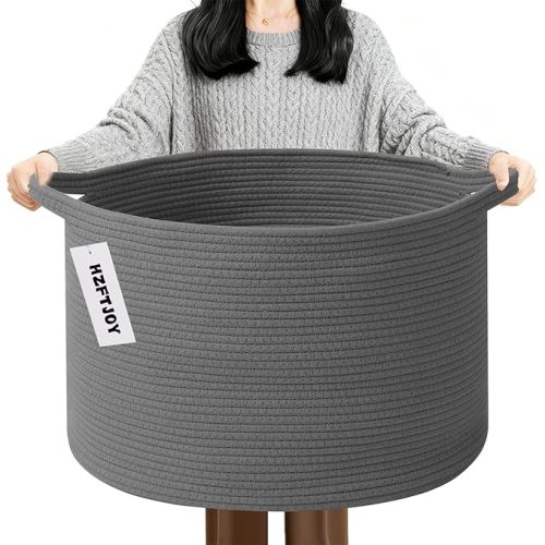 65L Large Blanket Basket,19.7" L x 19.7" W x 13" H Rope Woven Baskets with Handles, Toys Storage Bins,Laundry Basket Perfect for Living Room, Nursery,Bedroom,Home Organization,White&Pink