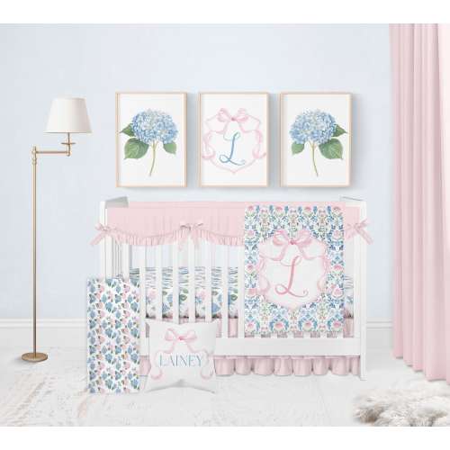 Baby Girl Crib Bedding Set, Pink Bow Crib Bedding Girl, Grandmillenial Nursery Decor, Pink and Blue Hydrangea Bedding, Floral Crib Sets Girl