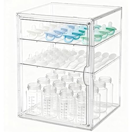 Baby Bottle Organizer, 3-Tier Bottle Storage for Countertop with Double Magnetic Doors, Clear Plastic Bottle Station Organizer with 2 Adjustable Dividers for Kitchen, Bathroom, Cabinet, Vanity