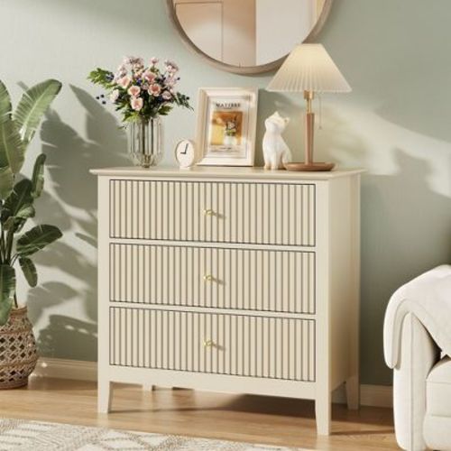 31" Wood Dresser for Bedroom, 3 Drawers Mondern Fluted Chest of Drawers with Storage, Beige