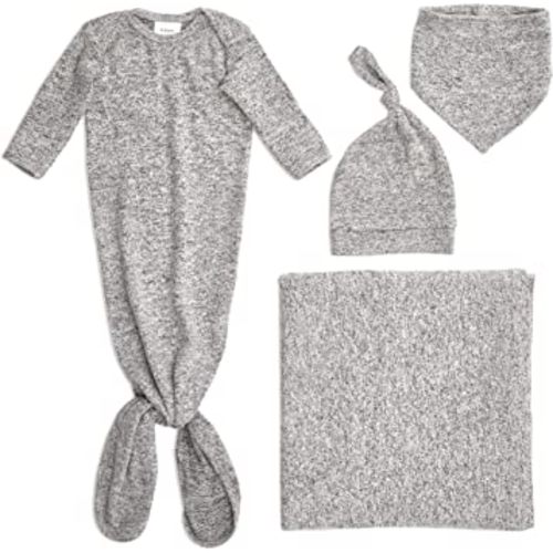 aden + anais Snuggle Knit Newborn Gift Set with Knotted Baby Gown, Swaddle Blanket, Infant Hat, and Bandana Bib, 0-3 Months, Heather Grey