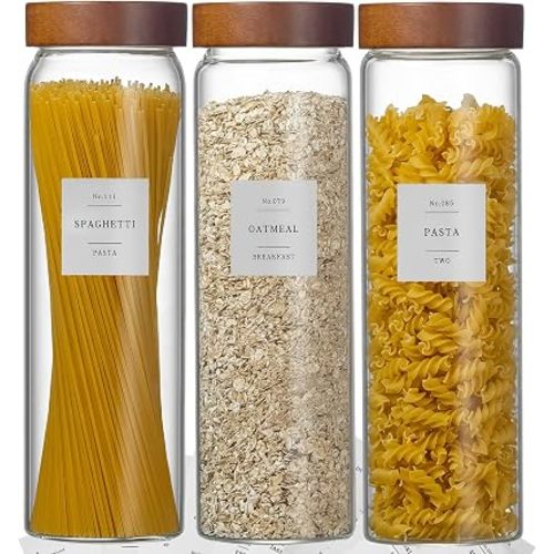 Wissy&Konny 3 Pack Glass Pasta Storage Containers with Screw wood Airtight Lid, 70oz Tall Glass Jar with Lid Spaghetti Container Storage for Pasta,Spaghetti,Cereal (132 Pantry Labels)