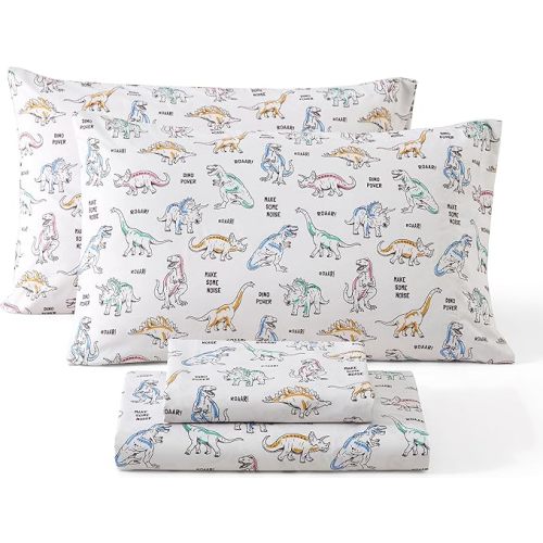 HLC.ME Power Dinosaur Printed Boys Kids Bed Sheets - 3 Piece Patterned Bed Sheet Set - Wrinkle Resistant & Ultra Soft - Fits Mattresses up to 15 Inches Deep - Twin