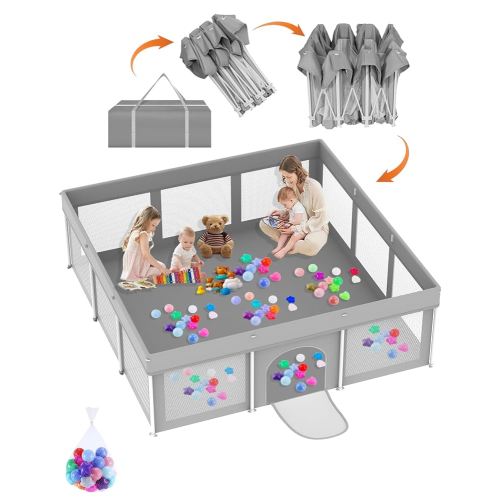 Foldable Baby Playpen 71"×71", Playard for Babies and Toddlers, Portable Safety Toddler Fence Lightweight,No Installation, Indoor & Outdoor Play Yard with Ocean Balls*150, Grey