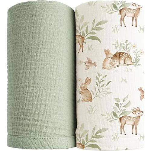 Konssy Muslin Swaddle Blankets for Girls Boys 2 Pack, 100% Cotton Receiving Baby Blanket Large 47 x 47 inches, Soft Breathable Swaddling Wrap for Unisex Newborn (Woodland,Sage)