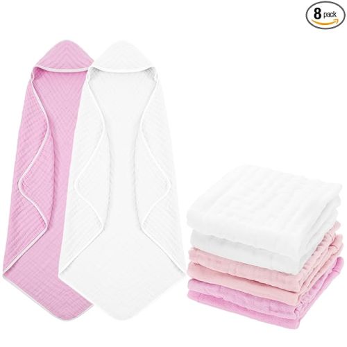 8 Pack Baby Bath Towels and Wash Cloth Set Muslin Hooded Soft 100% Cotton Baby Hooded Bath Towel Absorbent Towels Cloths for Babies, Infant, Toddler and Kids Newborn(Pink Series)