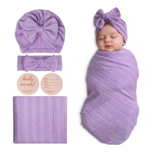 Muslin Swaddle Blankets,Sleepea Swaddle with Bow Headbands, Hats Set and Newborn Name Announcement Card, Stretchy Baby Blankets for Girls and Boys Unisex, Perfect for Newborn Photos (Purple)