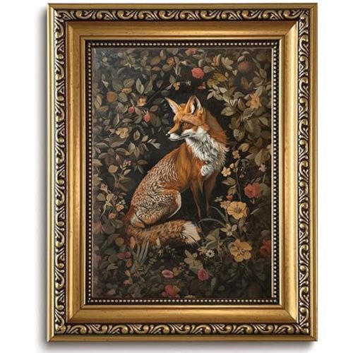 XJYISUO Vintage Gold Framed Wall Art Dark Academia Wall Decor Sika Deer Canvas Art Botanical Floral Pictures Forest Stag Paintings Nature Artwork For Living Room Bedroom Study