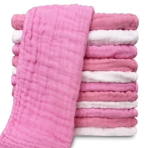 Muslin Burp Cloths for Baby 100% Cotton Burping Cloths for Unisex, Boy, Girl - Large 20'' by 10'' Newborn Essentials Ultra Soft Absorbent Milk Spit Up Rags - 12 Pack - White+Deep Sakura Series