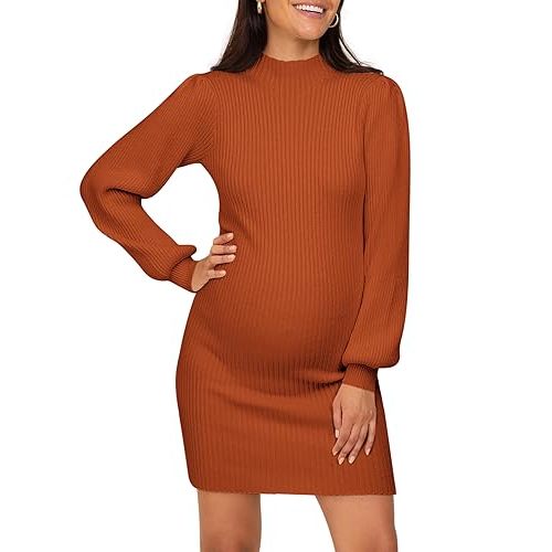 Lueluoye Maternity Sweater Dress for Pregnant Women Turtleneck Puff Sleeve Knit Slim Fit Bodycon Mini Dress