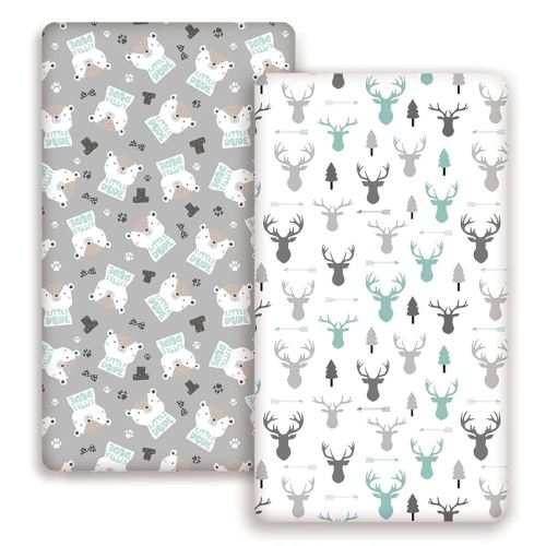 GRSSDER Stretchy Ultra Soft Jersey Knit Fitted Crib Sheets Set 2 Pack, Cozy Crib Sheet Fits All Standard Crib Mattress Pads, Grey Bear for Girls and Boys
