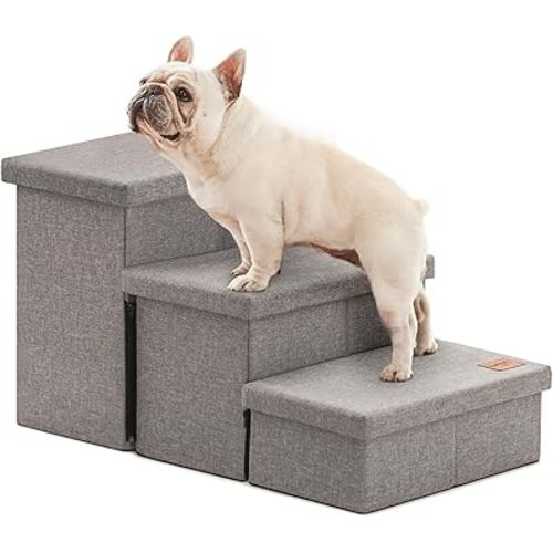 Love's cabin Dog Stairs for High Bed 18" H, Foldable Pet Stairs for Small Medium or Large Dogs Puppy with Storage for Bed or Couch, Cat Dog Steps Ramp with Zip up to 200 lbs, Solid Grey, 3 Steps