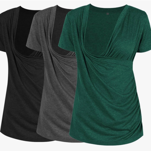Liu & Qu Women's Maternity Nursing Tops, Layered Wrap for Breastfeeding, V-Neck Short Sleeve Tee Shirts 3 Packs
